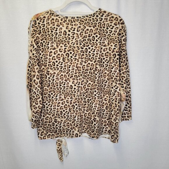 Chico's Women's Size 1 Shirt Top Safari Animal Print Tie Waist Cold Shoulder - Picture 2 of 6
